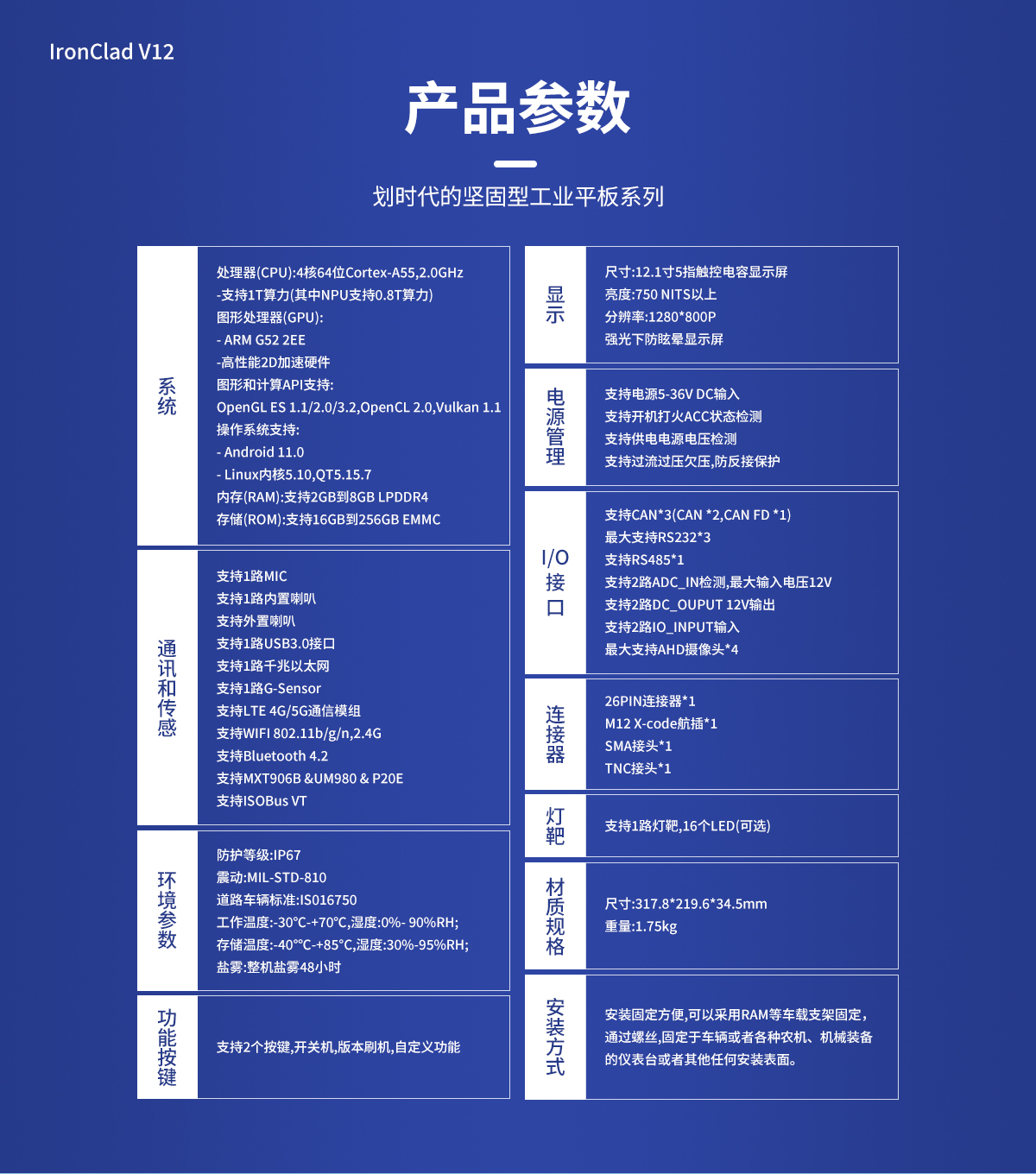 12.1寸 IronClad V12 车载平板产品参数